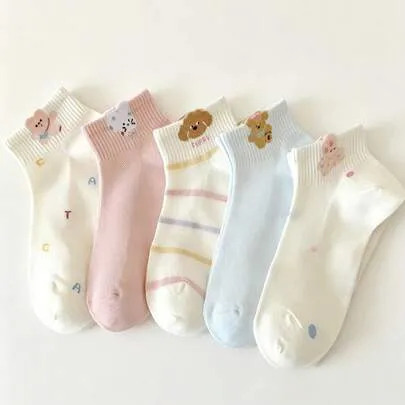 5 Pairs Animal Print Short Socks Sweet Macaron Color by SHEIN