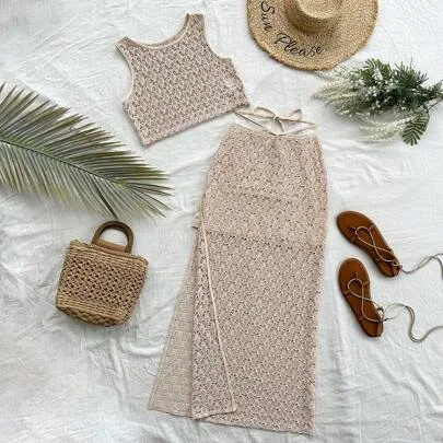WYWH Crochet Knit Top & Split Hem Skirt Set by Soleia
