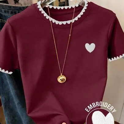 Graphic Tee Heart Dog Tooth Embroidery Short Sleeve by Resyla