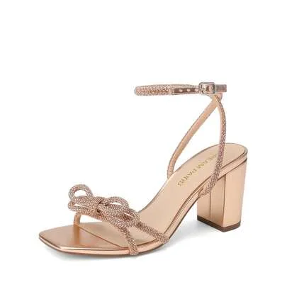 Rhinestone Decor Bow Knot Chunky High Heeled Sandals Open Toe Adjustable Ankle Strap by Dream Pairs