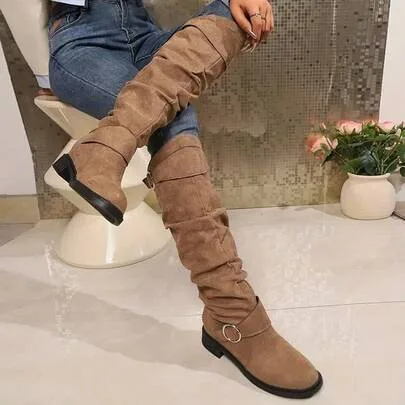 Buckle Decoration Velvet Mid-Calf Boots by SHEIN