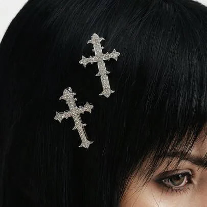 Shiny Palace Style Chic Rhinestone Cross Metal Hair Clips, Stylish Side Bangs Hairpins