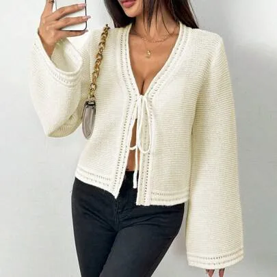 V-Neck Front Tie Flare Long Sleeve Loose Fit Plain Knitted Cardigan Sweater by Elenzga