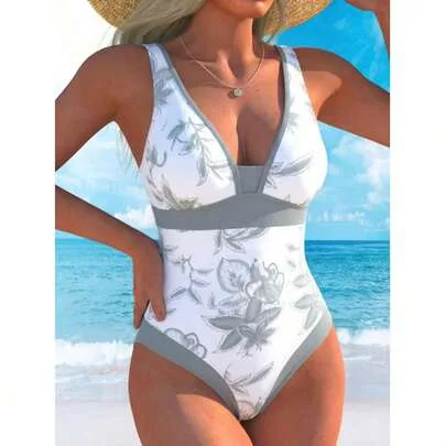 Floral Print One-Piece Swimsuit Deep V Neck Waistband Bikini Suit