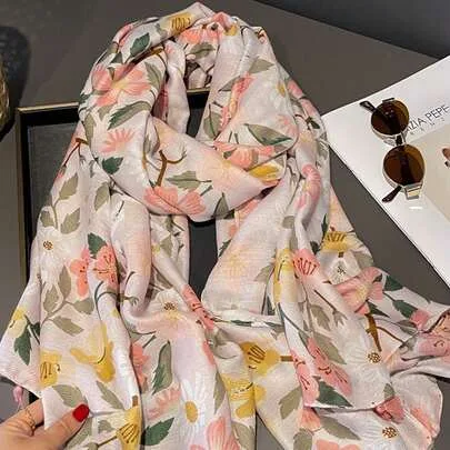 Floral Print Long Scarf with Tassels Shawl Wrap by SHEIN