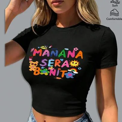 Manana Sera Bonito Crew Neck Crop Tee Graphic T-Shirt by SHEIN