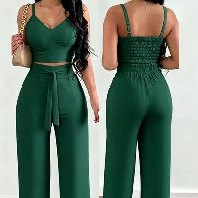 2-Piece Thin Strap Stretch Camisole and Wide-Leg Pants Front Tie Set by SHEIN