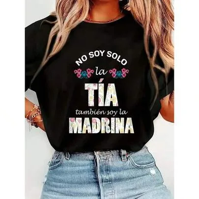 100% Cotton Regalo Para Madrina - Playera De Tia Y Madrina De Bautizo T-Shirt Streetwear Graphic Tee Crew Neck Vacation Tops by SHEIN