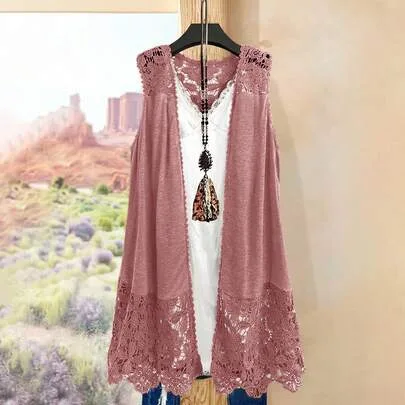 Elegant Lace Trim Cardigan, Boho Autumn Vest-Style Patchwork Coat, Casual Versatile Country Style Cover Up by Rusticease
