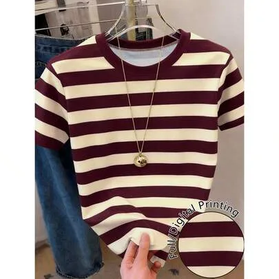 Round Neck Striped Casual Versatile Daily Wear Short Sleeve T-Shirt by Resyla