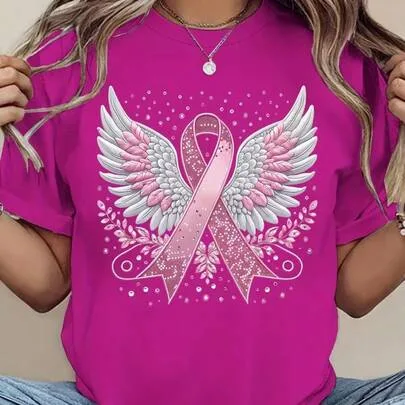 Ribbon Angel Wings Breast Cancer Awareness Casual Short Sleeve Graphic T-Shirt by SHEIN