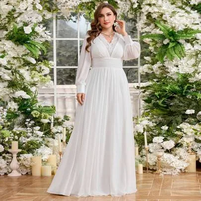 V-Neck Lantern Sleeve Lace Patchwork Decor Waist Slimming Lightweight Bridal Dress by Elasola