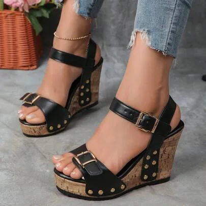 Buckle Wedge Sandals, Open Toe Platform Heels with Rivet Detail by SHEIN