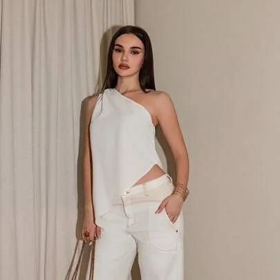 Asymmetrical Cut Solid Color Pleated Sleeveless Casual Blouse by Bris Aura
