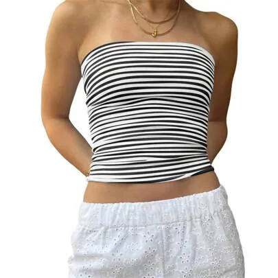 Strapless Striped Bandeau Tube Top Y2K Aesthetic Sleeveless Backless Crop Tank