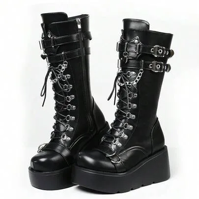 Goth Platform Boots Punk Mid Calf Boots Lace Up Wedge Combat Boots Chunky Heel Buckle Chain Knee High Boots with Side Zipper by SHEIN