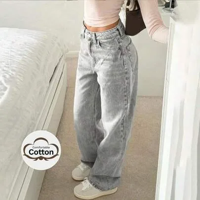 Loose Pocket Wide Leg Casual Jeans by SHEIN