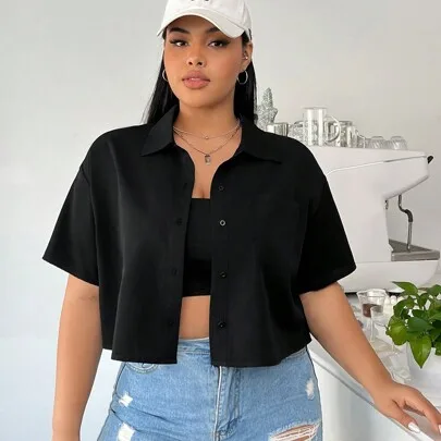 Solid Color Weave Loose Casual Shirt by SHEIN