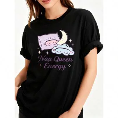 Sleep-Themed Oversized Crew Neck T-Shirt, Featuring a Pillow, Moon, and Cloud Pattern in the "Nap Queen" Style by SHEIN