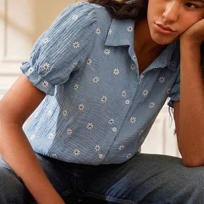 Fashionable & Elegant French Retro Loose Embroidered Short Sleeve Blouse by Ã closÃ©ra