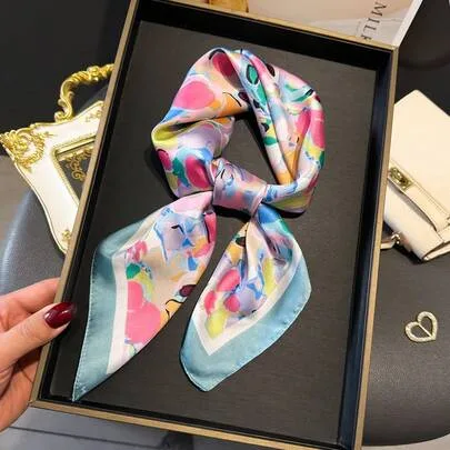 Elegant Vintage Printed Thin Satin Square Faux Silk Scarf Bohemian Style Neck Scarf Shawl Lightweight Comfortable Headscarf by SHEIN