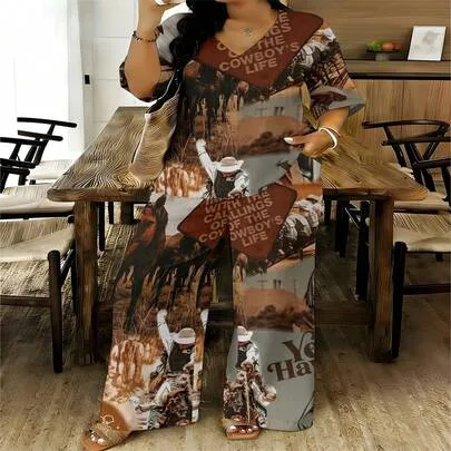 Western Chic Knitted Co-Ord with Cowboy Print V Neck Tee and Pants Casual Short Sleeve Outfit by SHEIN