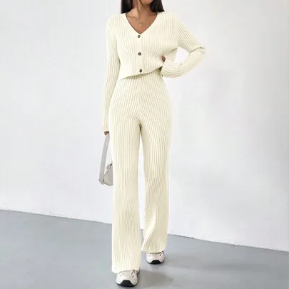 Solid Color Long Sleeve Single-Breasted Knitted Cardigan and Knitted Flared Pants Casual 2 Pieces Set by SHEIN