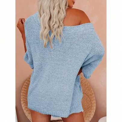 Off Shoulder Sweater Set Matching Knit Top and Shorts Pajama Lounge Outfit by Imily Bela