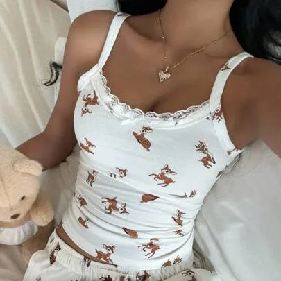 2-Piece Deer Embroidery Pattern and Full-Body Print Camisole Set Comfortable Breathable Fabric by CovetEZ