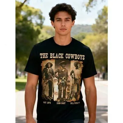 Western Cowboy Graphic T-Shirt Vintage Rodeo Design with the Black Cowboys & Cowgirls Print Soft Breathable Slight Stretch Regular Fit by SHEIN