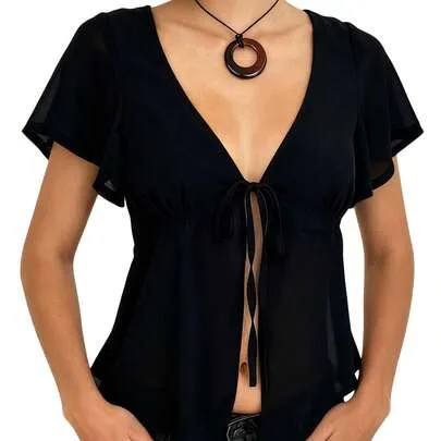 Tie Front Short Sleeve Deep V Neck Solid Color Sheer Chiffon Blouse by SHEIN
