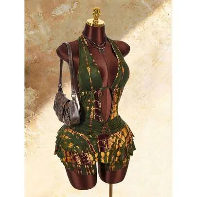 All-Over Print Hollow Out Backless Sleeveless Bodysuit Leopard Print Dress by SHEIN