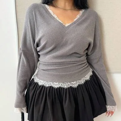 Batwing Sleeve Contrast Lace Ribbed T-Shirt by Vibekara