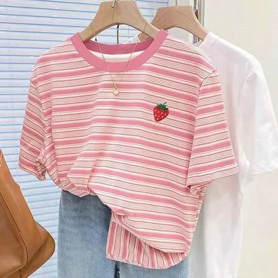 Colorful Striped Digital Print & Strawberry Embroidery Regular Crew Neck T-Shirt by SHEIN