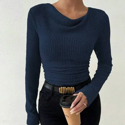 Vintage Asymmetrical Draped Neck Textured Ruched Form-Fitting Long Sleeve Top by RosyDaze