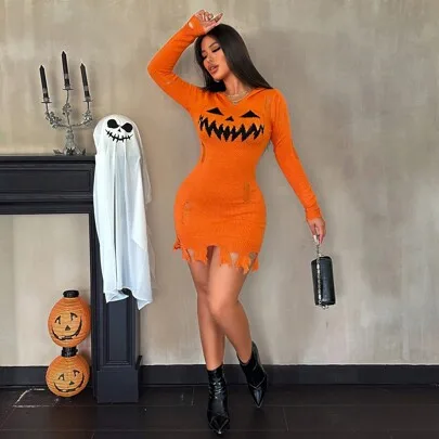 Halloween Pumpkin Teeth Print Hollow Out Tassel Hooded Bodycon Sweater Dress by SHEIN