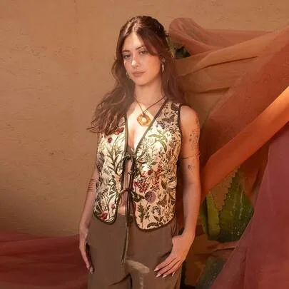 Vintage Tropical Plant Jacquard Tie-Up Texture Fabric Camisole by Ananda Vibes