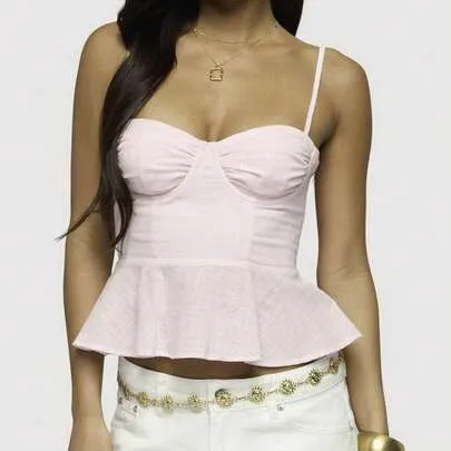 Ruched Sweetheart Bustier Spaghetti Strap Fitted Peplum Cami Smocked Back Crop Top by SHEIN