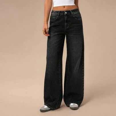 Solid Color Low Waist Loose Wide Leg Jeans