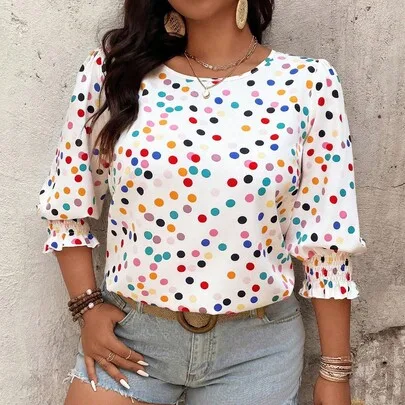 Polka Dot Print Round Neck Puff Sleeve Shirt by Breezaya