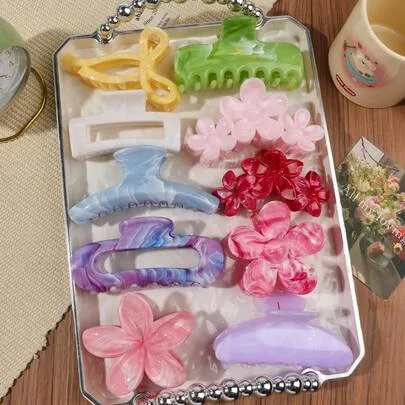 10pcs Rainbow Gradient Marble Pattern Floral Square Hair Claw Clips by SHEIN