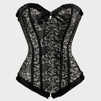 Ruffle Strapless Floral Jacquard Lace Up Corset Bustier Top by SHEIN