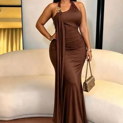 One Shoulder Halter Mermaid Maxi Dress, Metal Ring Detail Ruched Bodycon Dress by SOLERSUN