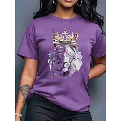 Blue Lion Crown T-Shirt, Casual Round Neck Short Sleeve Top by SHEIN