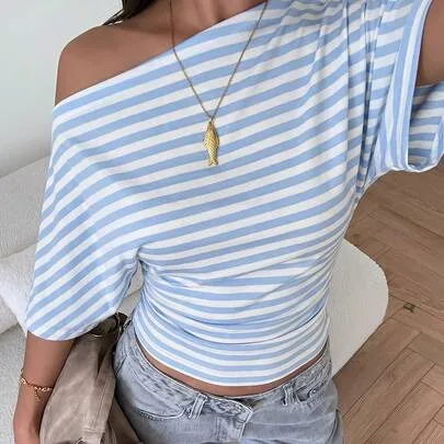 Asymmetric Shoulder Stripe Ruched T-Shirt by Aloruh