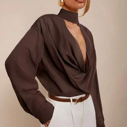 Solid Color Plunging Neck Blouse by COSMINA