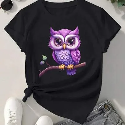 Cartoon Owl Design Round Neck Short Sleeve Breathable T-Shirt by SHEIN
