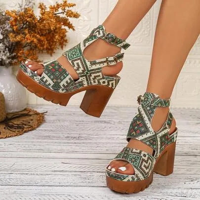 Hollow-Out High Heel Chunky Heel Sandals, Strap Backless by SHEIN