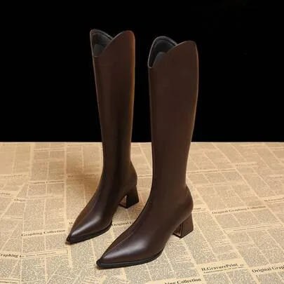 Thick Heel V-Cut Tall Boots, Knee-High Low Heel Pointed Toe by SHEIN
