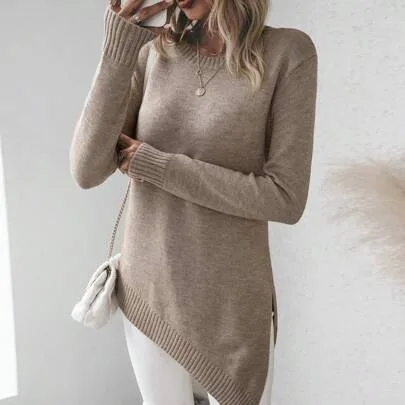 Asymmetric Hem Raglan Sleeve Fitted Viscose Pullover Sweater by SHEIN